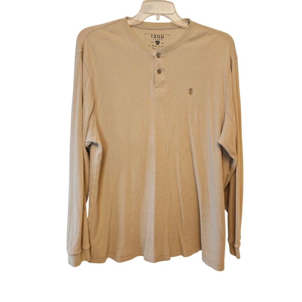 Waffle Knit IZOD Henley Shirt Mens XL Tan Long Sleeve Fall Casual